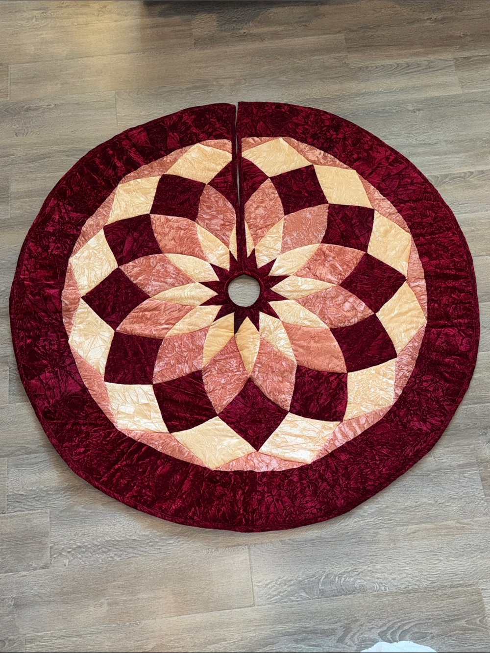 56” Quilted Velvety Christmas Tree Skirt Burgundy Pink Cream Starburst Cottage